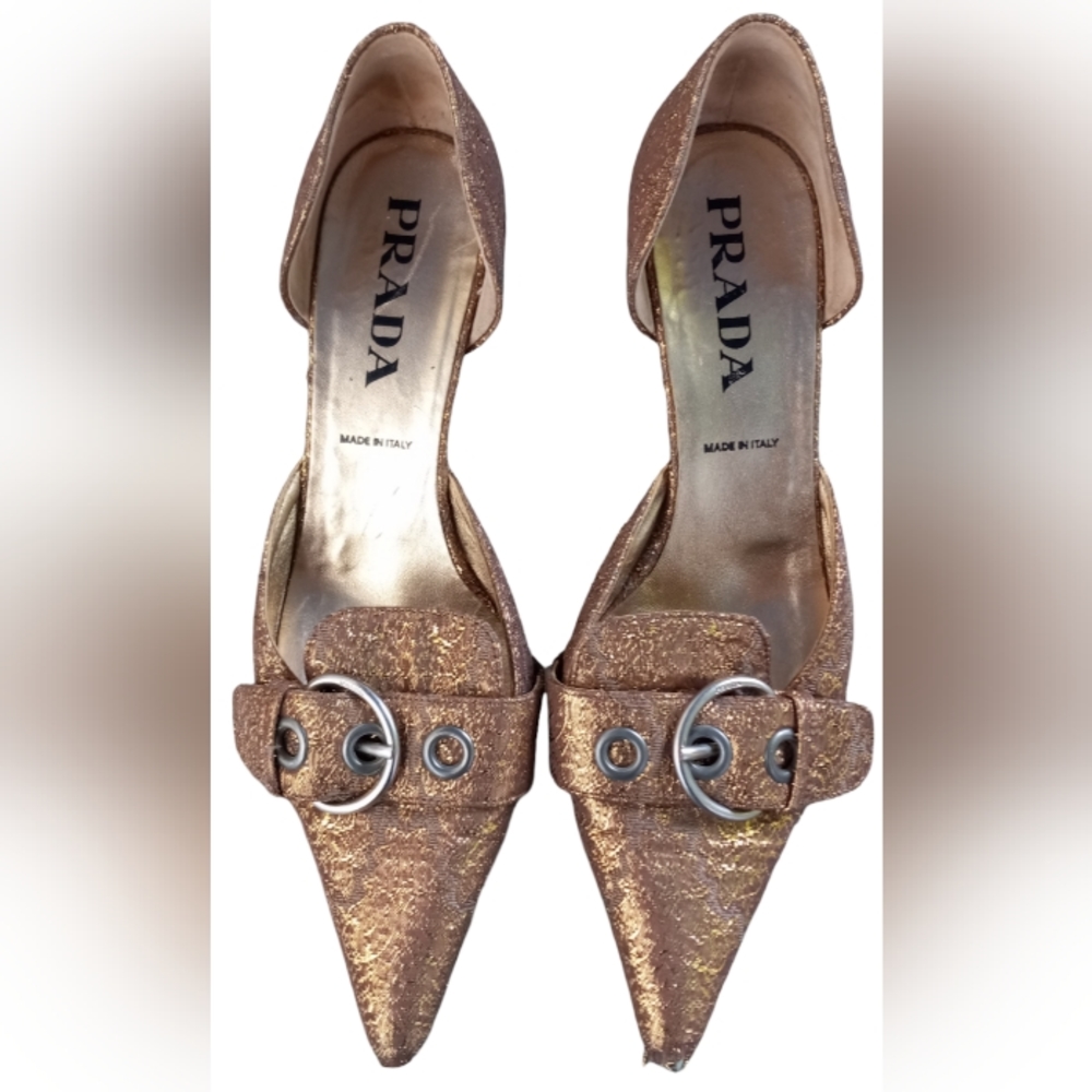 PRADA Shoes 8 Gold Brocade Flats / Kitten Heel